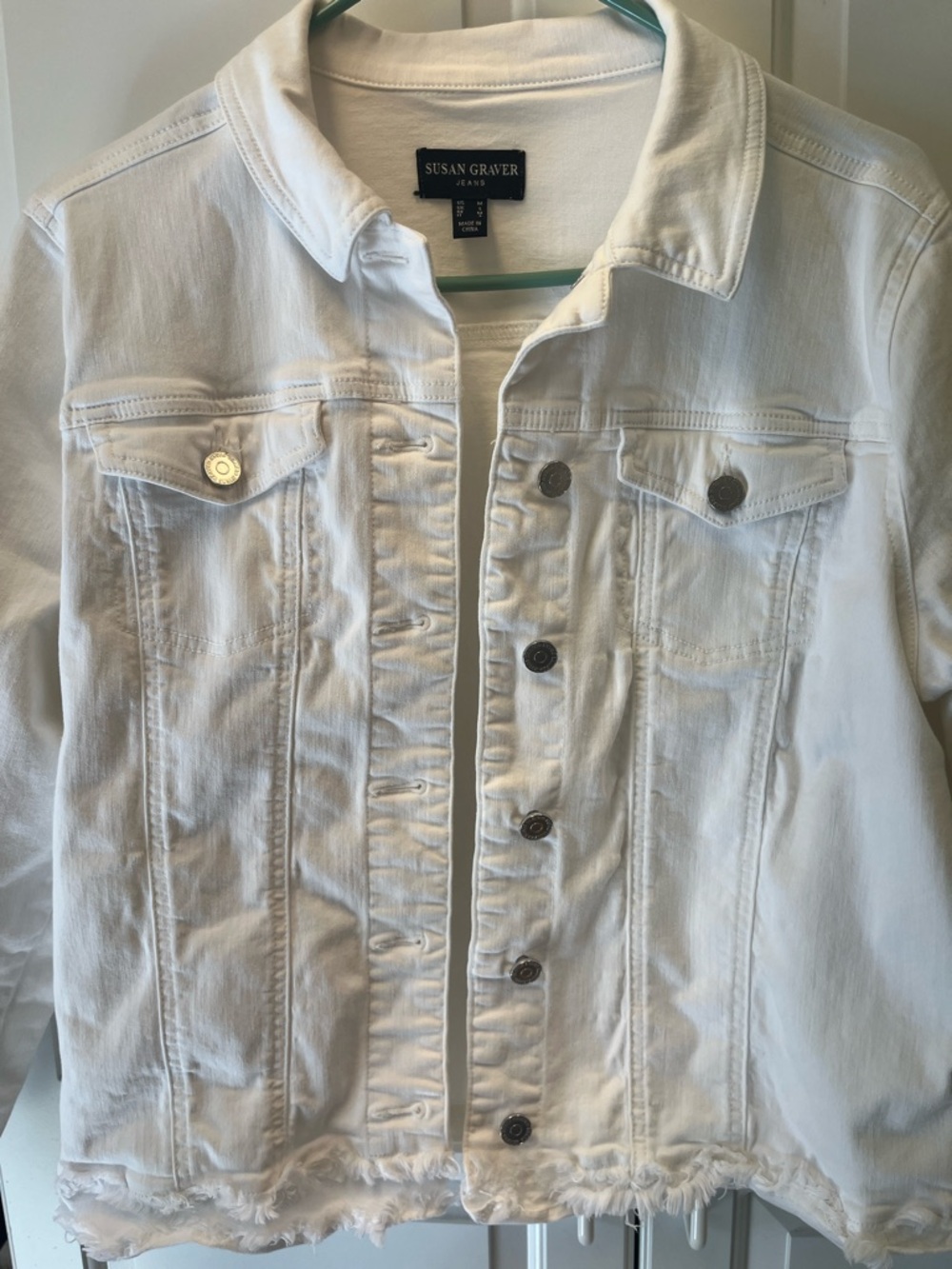 Susan Graver White Frayed-Hem Denim Jacket M